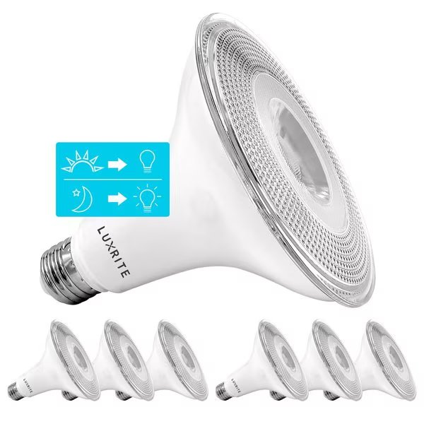 PAR38 LED Dusk to Dawn Light Bulbs 15W (90W Equivalent) 1250LM 5000K Bright White E26 Base 6-Pack, Luxrite, Mfr#: LR31634-6PK